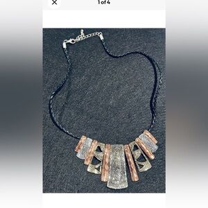 SOLD Vintage Hammered Copper & Mixed Materials On Leather Necklace